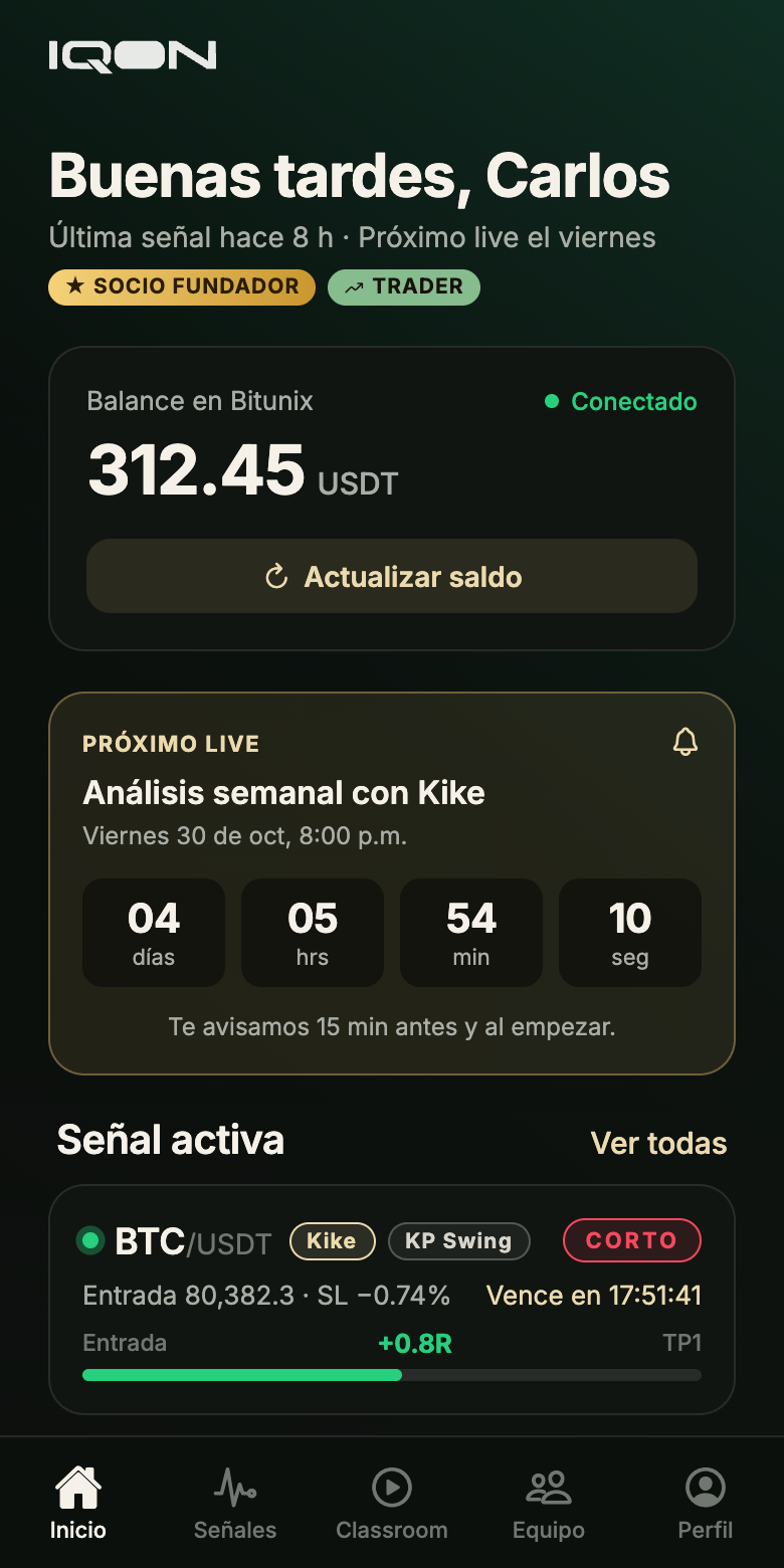Pantalla de inicio de la app con el balance de Bitunix, el próximo live y una señal activa