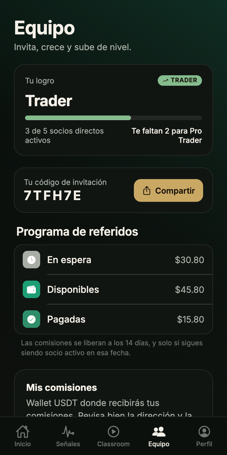 Pantalla de la app: tu equipo, tu rango y el programa de referidos