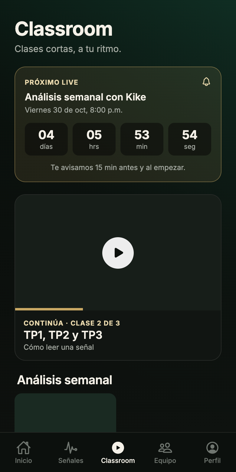 Pantalla Classroom de la app con el próximo live y la clase en curso