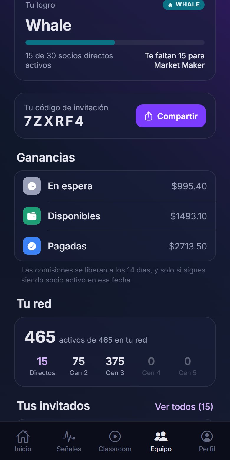 App screen: your team, your Whale rank and your referral earnings